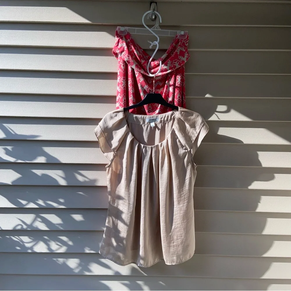 VWL Dressbarn Sz-L Beige Silky Top w/ Beige & Peachy/Orange Patterned Skirt Both